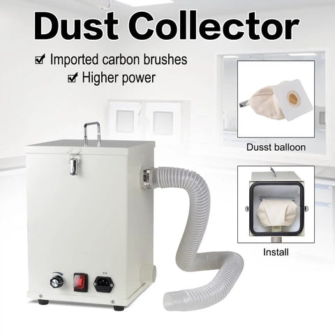 Hella Powerful 1000W Lab Dust Collector with hose, filtration bag, and controls for dental and metal workshops.