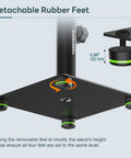 Detachable rubber feet on heavy duty metal desktop speaker stands pair for studio monitors with 12 degree tilt adjustment