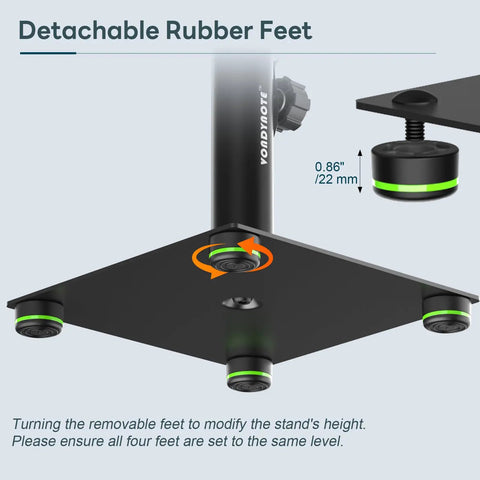 Detachable rubber feet on heavy duty metal desktop speaker stands pair for studio monitors with 12 degree tilt adjustment
