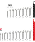 Stubby Combination Wrench Set With Roll Pouches, 20-Piece, Includes 5/16 Inch To 3/4 Inch And 8 To 19 mm, chrome vanadium steel, two holders.