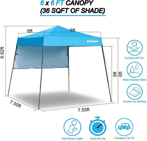 Grab-And-Go Ultra Compact Backpack Canopy Pop Up Shelter For Outdoor Adventures with 7.5x7.5 base and 6x6 top in blue shade.