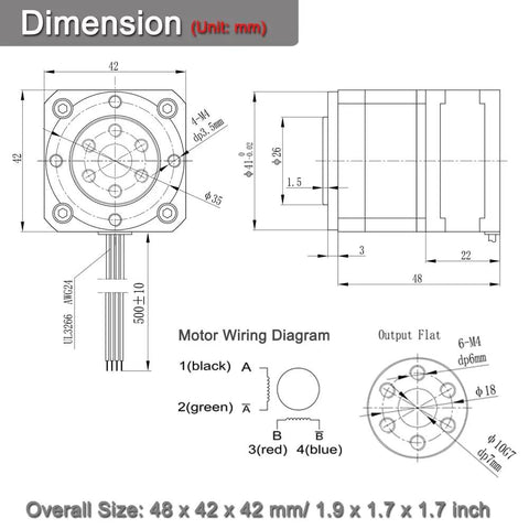 Technical diagram of Harmonic Gear Drive Reducer With Nema 17 Stepper Motor 24V 1A 30 To 1 Ratio with dimensions and wiring guide