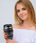 Woman holding Camera Lens Coffee Mug With Clear Lid And Spoon, Lightweight Lens Cup Replica For Photographers, Realistic Lens Design
