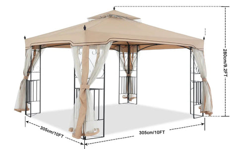 Patio Gazebo With Netting Screen Walls 10x10 for lawn, garden, backyard and deck, rust-resistant steel frame, double layer roof.