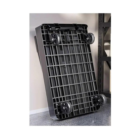 Heavy Duty Folding Hand Truck And Portable Flat Cart For Easy Transport Black Trolley folded underside with four wheels