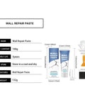 Fast Dry Wall Crack Repair Paste For Quick Fixes And Smooth Restoration, Waterproof Caulk Formula with dimensions and tools.