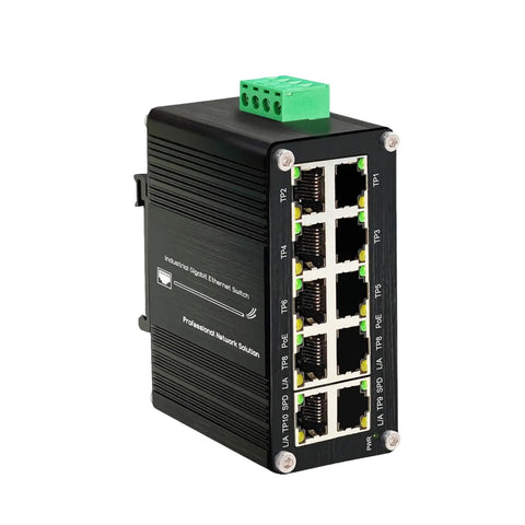 Rugged 10 Port PoE Plus Gigabit Switch with Eight PoE Ports and Two Uplink Ports, DIN Rail Mount, Industrial Unmanaged Network Hub
