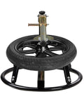 Heavy Duty Motorcycle Tire Changer Stand For 16 To 21 Inch Dirt Bikes Bead Breaker Included Portable Tire Change Tool For Dirt Bike Motocross Garage Use Built To Last with a tire mounted on the stand, showing metal frame and bead breaker mechanism.
