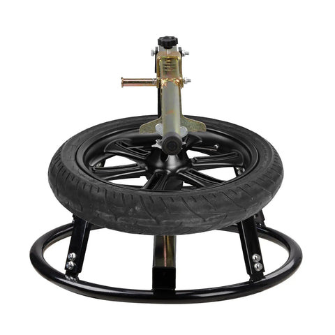 Heavy Duty Motorcycle Tire Changer Stand For 16 To 21 Inch Dirt Bikes Bead Breaker Included Portable Tire Change Tool For Dirt Bike Motocross Garage Use Built To Last with a tire mounted on the stand, showing metal frame and bead breaker mechanism.