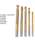 Six-piece gold-coated twist drill bit set with serrated edges for wood and PVC; sizes 3mm–8mm
