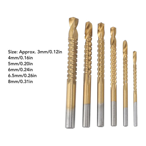 Six-piece gold-coated twist drill bit set with serrated edges for wood and PVC; sizes 3mm–8mm