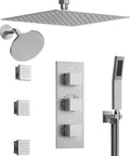 GRANDJOY 12" Ceiling Shower System with Handheld Spray, Brushed Nickel, features overhead and side shower heads with controls.