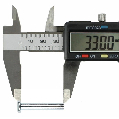 Digital caliper measuring 33mm axle from Eight Pack Inline Skate Axles 6mm Replacement Hardware Kit for Most Skates.