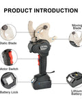 Heavy Duty Electric Hydraulic Cable Cutter With Ratchet Action showing static and moving blades, motor switch, and battery.