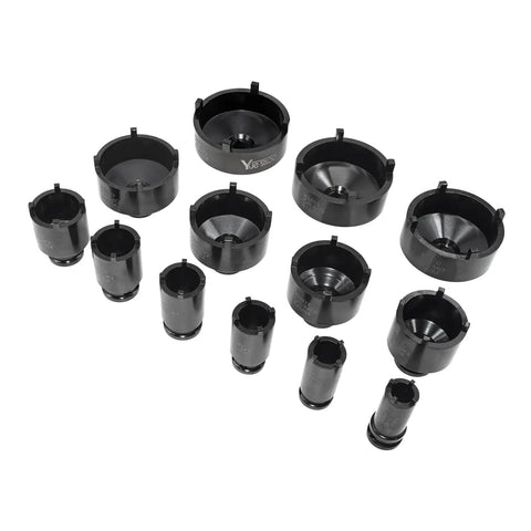 13 Piece Spindle Nut Socket Kit For Ball Joints And Axle Locknuts With 4 Teeth Exterior Half Inch Drive on white background