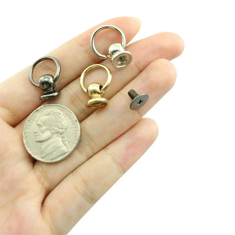 Real Deal 30 Pieces Heavy Duty Screwback Leather Rivet Kit with Pull Rings 8x6mm in hand showing silver, gold, black rivets.
