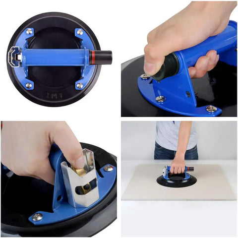Heavy Duty 8 Inch Glass Suction Cup With Metal Handle being gripped for lifting, showcasing the ergonomic design and strong suction.