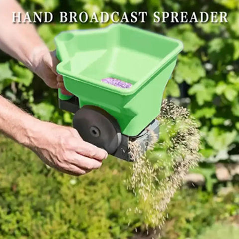 Handheld Fertilizer Spreader For Lawns And Gardens, 3L Capacity, Adjustable, in use spreading seeds on grass