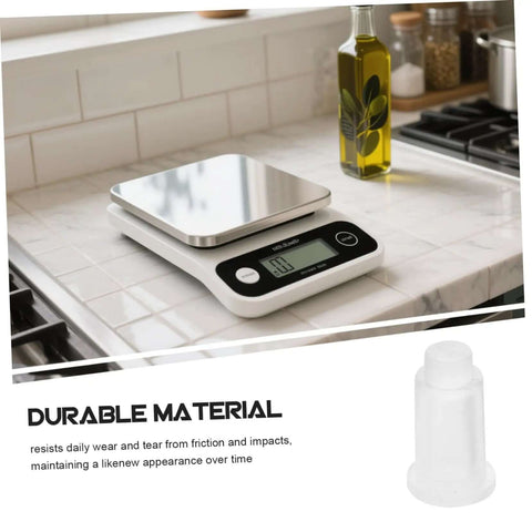 Digital kitchen scale on countertop with image of one transparent rubber foot, 10 Pcs Scale Pan Feet Rubber Feet For Electronic Scales Replacement Parts Leg Pads For Weighing No Tools Needed Quick Install Easy To Attach Stabilize Your Scale And Improve Accuracy