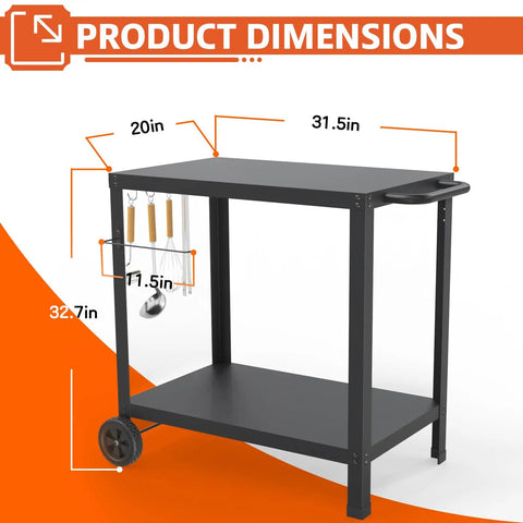 32x20IN Double Shelves Grill Table Movable Outdoor Grill Cart For Griddle And Pizza Oven with dimension labels