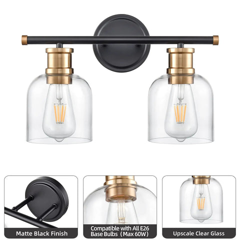 Dual Matte Black Wall Sconce Lights For Bathrooms With Clear Glass Shades And Antique Brass Finish, front view, bulb detail.