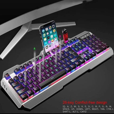Level Up Your Rig With This Dope Gaming Keyboard And Mouse Combo Featuring Glowing Led Lights Splashproof Design Anti Ghosting Tech And A Snappy 2000 Dpi Optical Mouse Built For Serious PC Gamers. RGB keyboard with glowing keys and phone stand.