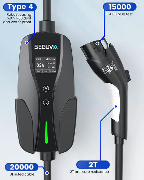 Level 2 EV Charger With NEMA 14-50 Plug 32A 25Ft Cable Portable 208V 240V EVSE For Home Use UL Listed Adjustable Current App