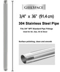 Three Quarter Inch Stainless Steel Pipe Nipple Set, 304 Stainless, 36 Inch Length, NPT Standard Threaded displayed on white background.
