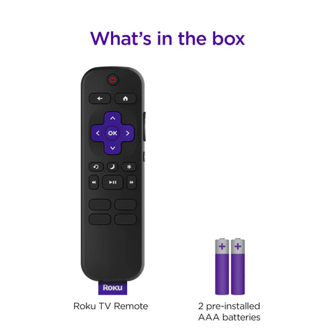 Replacement TV Remote For Roku TV Models Only With No Fuss Setup And Pre Set App Shortcuts, remote with batteries visible