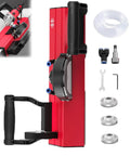 Portable Electric Tile Chamfering Machine With Dual Water Spray System And Badass Adjustable Thickness Settings For Slick 45 Degree Bevel Edges On Marble And Solid Wood, showing red body and included attachments.