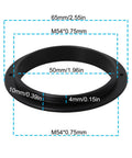 Black metal Male To Male M54x0.75 Telescope Adapter Ring For 50Mm Lens Filter showing dimensions and threads on both sides.