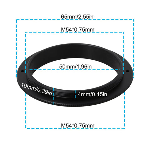 Black metal Male To Male M54x0.75 Telescope Adapter Ring For 50Mm Lens Filter showing dimensions and threads on both sides.