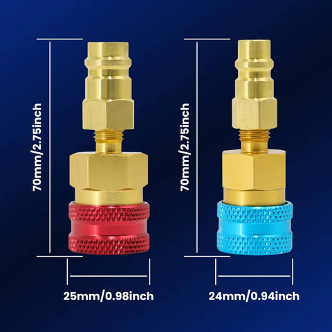 R1234YF to R134A Quick Coupler Adapter Kit for Auto AC Systems with brass adapters, red and blue fittings, 70mm height