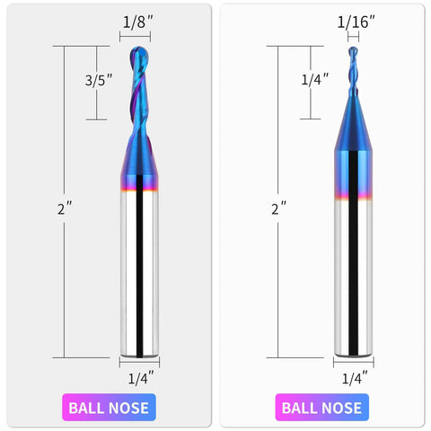 Quarter Inch Shank Carbide Ball Nose End Mill Set, Five Piece CNC Router Bits For Side Milling, End Milling, And Finish Machining With Nano Blue Coating, showing two bits with dimensions.