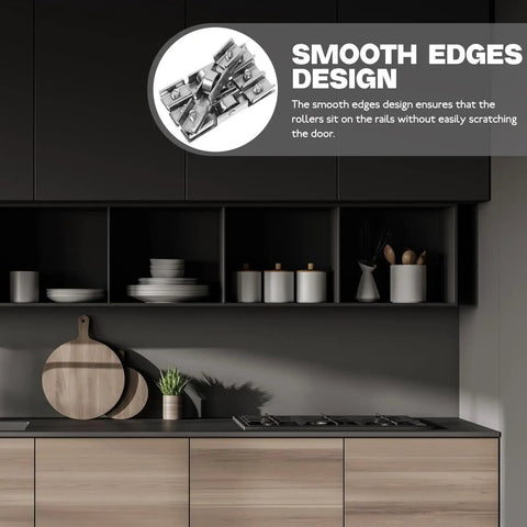 8 Pack Heavy Duty Glass Door Sliding Rollers With Double Steel Bearings Runs Smooth As Butter Effortless 5mm Groove Fit visible on kitchen shelf.