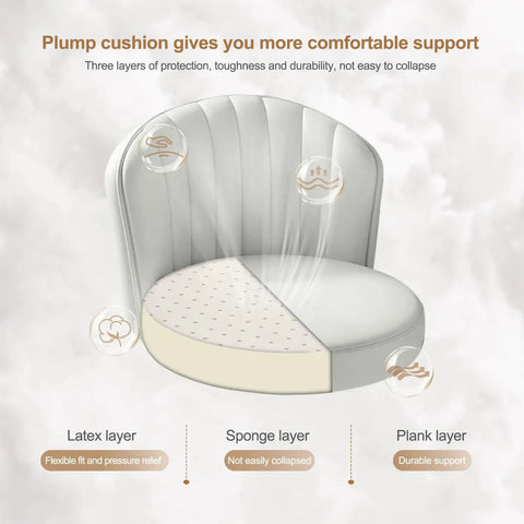 Cross-section of chair cushion showing latex, sponge, and plank layers for Small Round Rolling Desk Chair Armless Design Comfy PU Leather Seat.