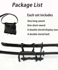 Two Pack High Strength Polypropylene Practice Swords for martial arts training with sheath, display stand, and belt shown.
