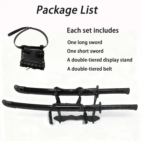Two Pack High Strength Polypropylene Practice Swords for martial arts training with sheath, display stand, and belt shown.