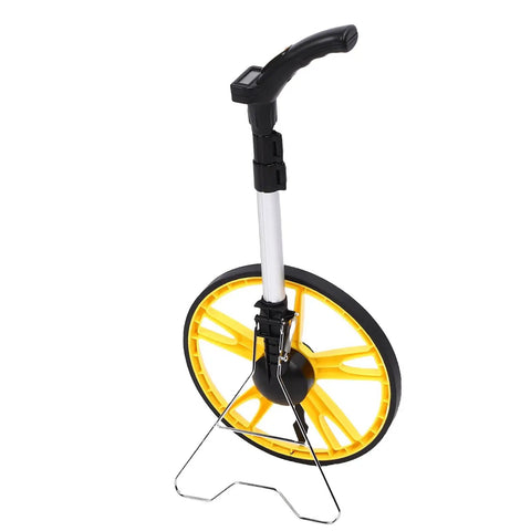 Saluaqui Digital Measuring Wheel High 9999 9M 9999 9FT Telescopic with a yellow wheel and adjustable handle.