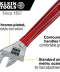 Image of Extra Capacity Adjustable Wrench Built For Tight Spots And Big Jobs, high polish chrome finish, contoured handle detail.