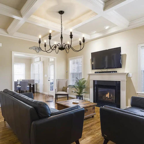 Dope Industrial Black Farmhouse Chandelier For Dining Room With 8 Lights, Rustic Iron Candelabra Ceiling Fixture in living room