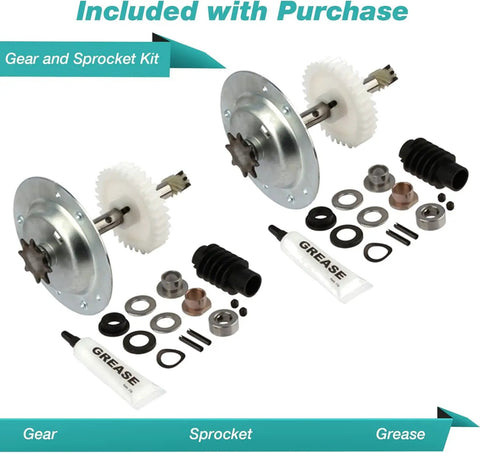 Two Pack Replacement Gear and Sprocket Kit For One Third And One Half HP Chain Drive Garage Door Openers Fits Chamberlain Sears Craftsman Models Includes Gear Sprocket Grease And Quick Start Instructions displayed with components and grease tube on white background.
