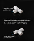 White 1/4 in push-fit T and Y tube fittings set (10 pcs) for RO water systems; POM material.
