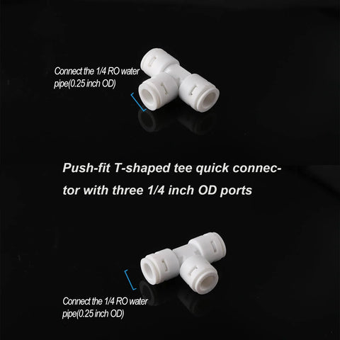 White 1/4 in push-fit T and Y tube fittings set (10 pcs) for RO water systems; POM material.