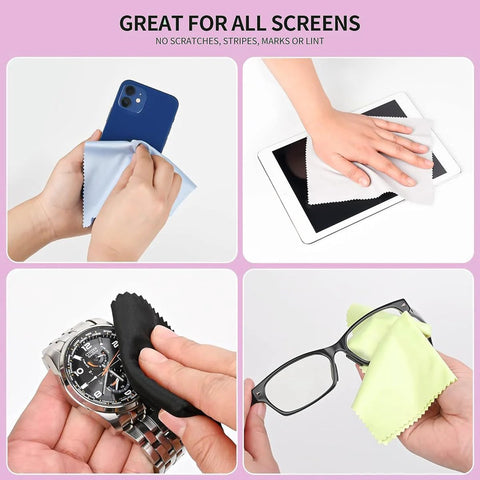 Glasses cleaning cloths, 12-pack blue microfiber, used to clean a smartphone screen.
Glasses cleaning cloths, white microfiber, used to wipe a tablet screen.
Glasses cleaning cloths, black microfiber, used to polish a watch face.
Glasses cleaning cloths, yellow microfiber, cleaning eyeglasses.
