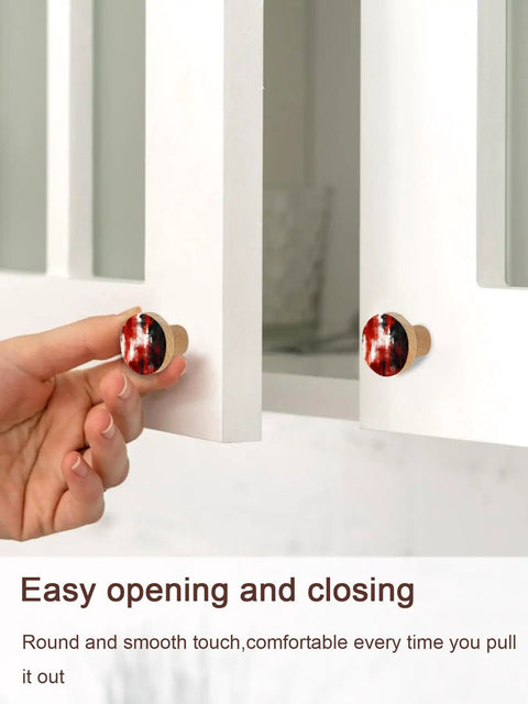 Dope Abstract Red And Black Cabinet Knobs Set 1.4 Inch Solid Beech Wood Drawer Pulls Featured on cabinet door handle.