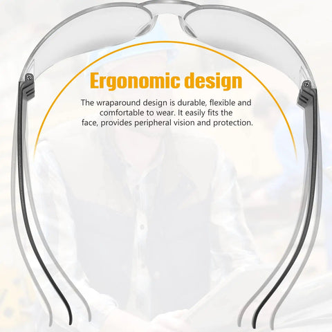Unisex Safety Glasses Bulk Pack 84 Pairs With Polycarbonate Lens, ergonomic design text, clear safety goggles
