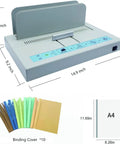 Workhorse 500 Sheet Thermal Binding Machine With 10 Binding Covers showing dimensions and colorful covers