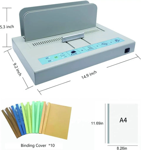 Workhorse 500 Sheet Thermal Binding Machine With 10 Binding Covers showing dimensions and colorful covers