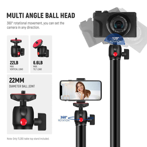 Extendable Camera Desk Mount With Ball Head 17 To 40 Inch Telescopic Table Light Stand shown with 360-degree rotation